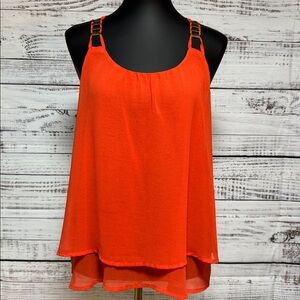 Mine Orange Layered Chiffon Tank Top with Gold Strap Detail